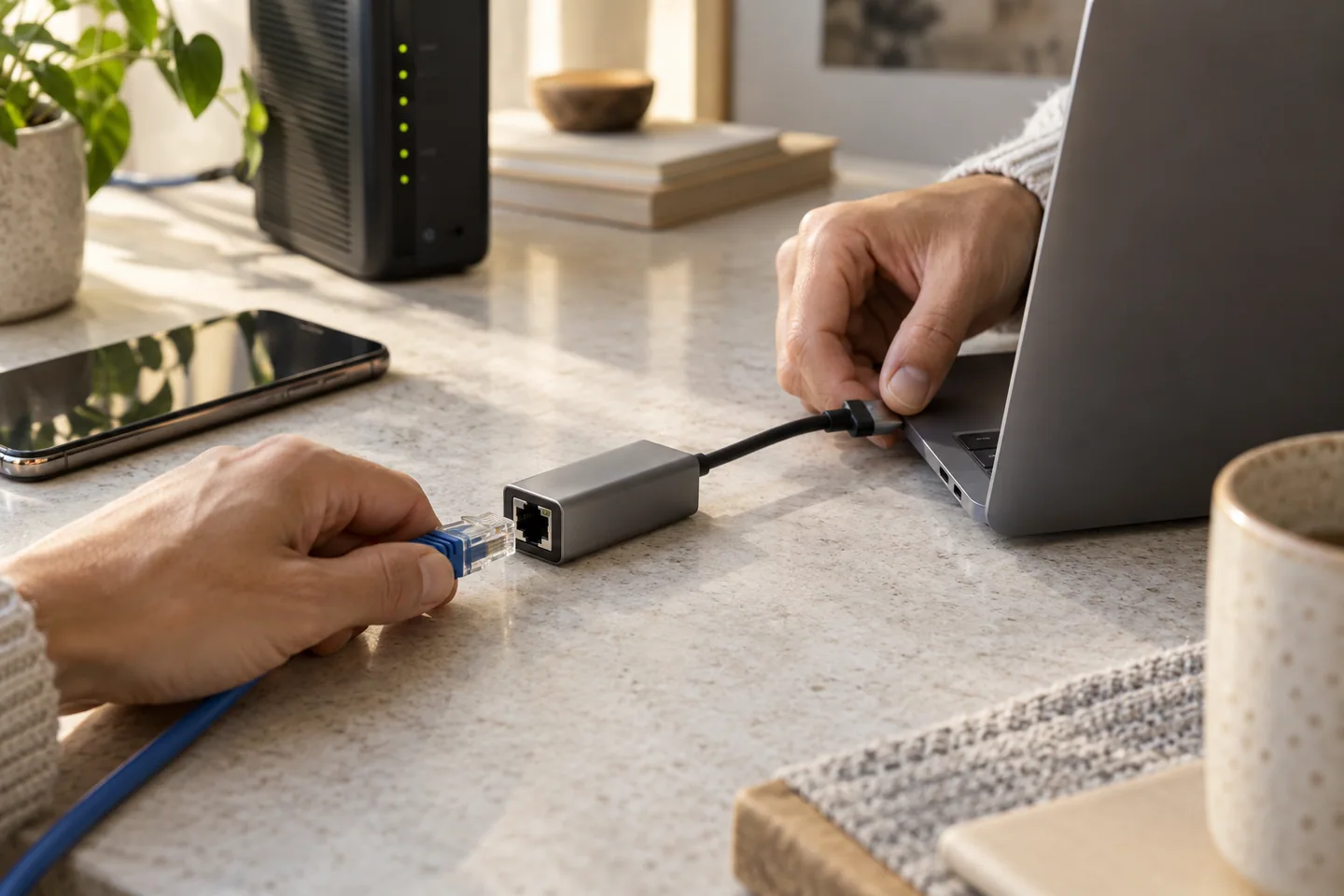 手部正在连接笔记本与USB-C网络转接器