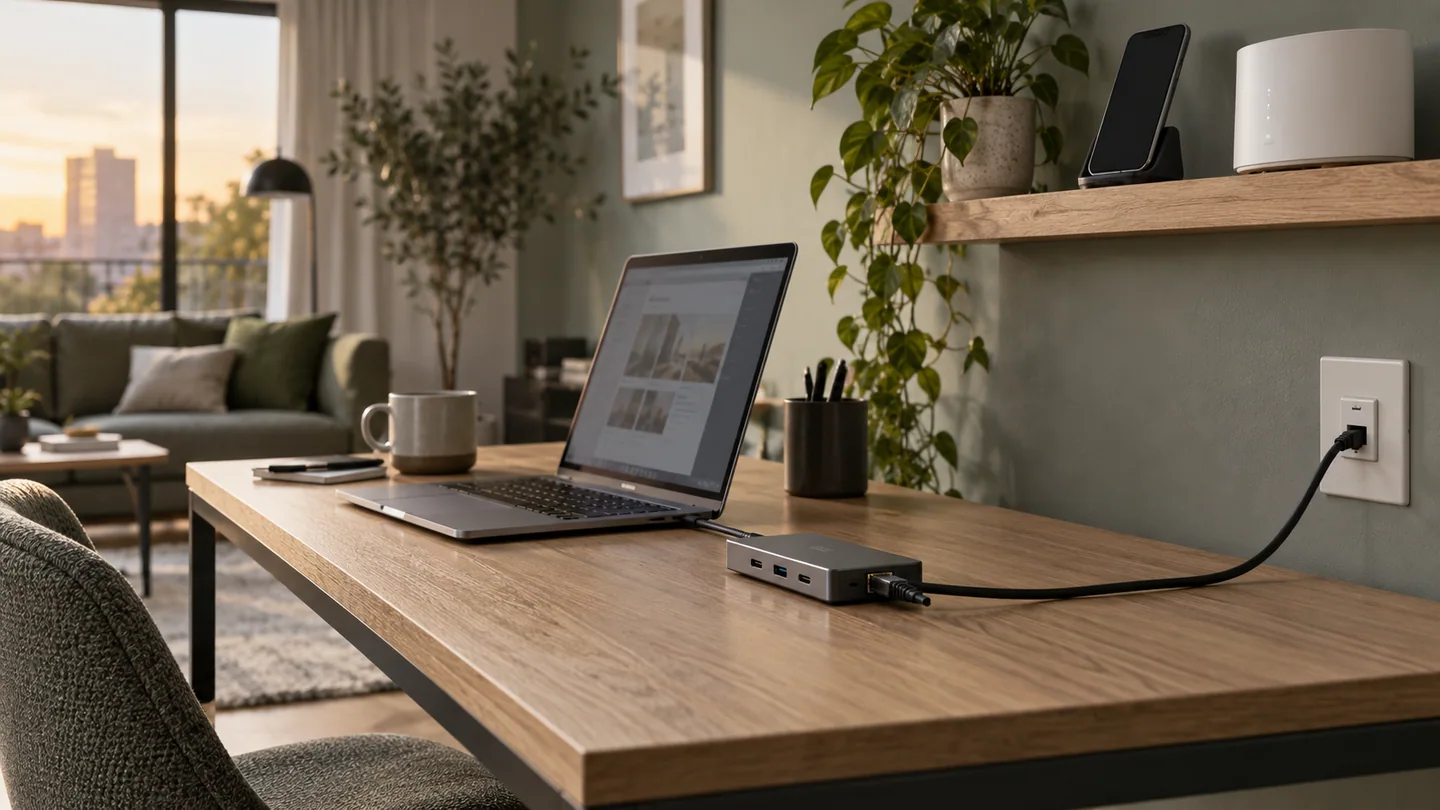 住宅电脑桌侧面的笔记本、USB-C扩展坞与墙面网口